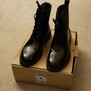 Zara black leather combat boots size 10
